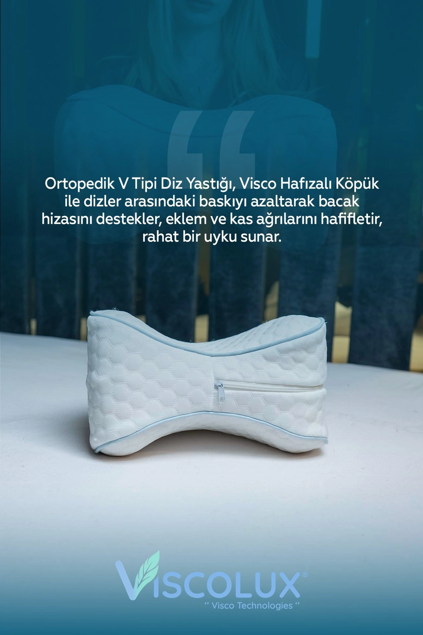 Diz Arası Ortopedik Yastık - V Model Diz Arası Yastık Visco Yastık 25x25x15 Mavi