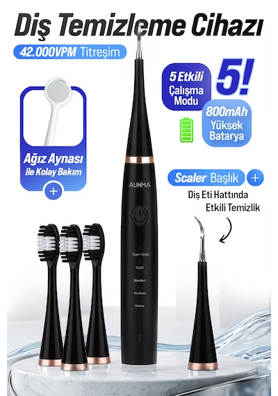 Auhma Amf14 Ultrasonik Diş Temizleme Cihazı Siyah 42.000 Titreşim/dk 5 Mod Ipx8 Su Geçirmez