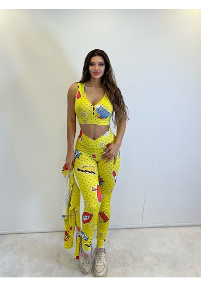 Pink Life Sarı Desenli Taytlı Büstiyerli Üçlü Takım Sarı