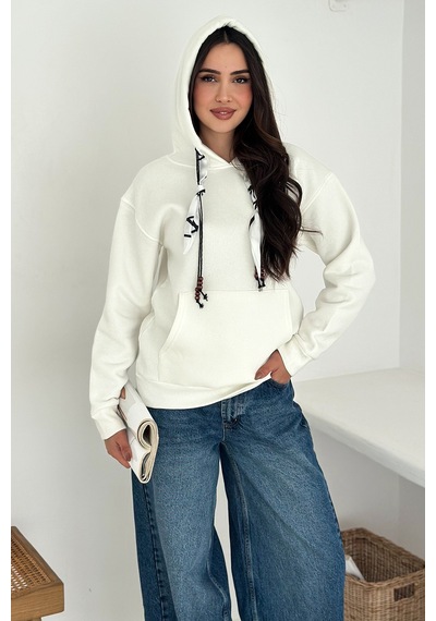 Noa & Noa Kadın Fular Detaylı Kapüşonlu Sweatshirt Casual Charm Beyaz