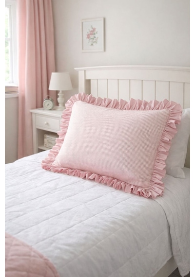 Fırfırlı Yastık Kılıfı Pötikare Desen Düz Renk Kenar Detaylı Tek Kişilik 50x70 Cm Pembe