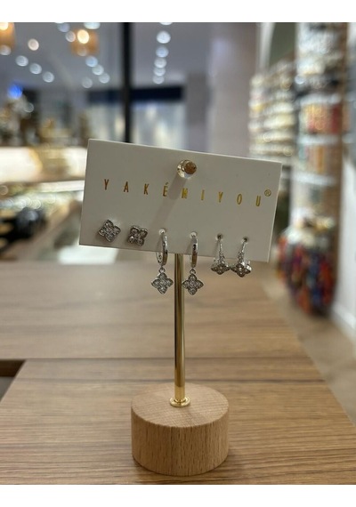 Yakemiyou Silver Taşlı Yonca Altılı Küpe Çok Renkli