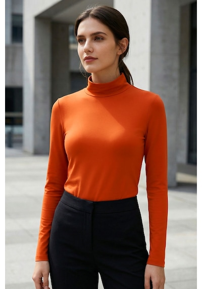 Tommy Life Oranj Balıkçı Yaka Basic Uzun Kollu Kadın Body - 97306 Turuncu