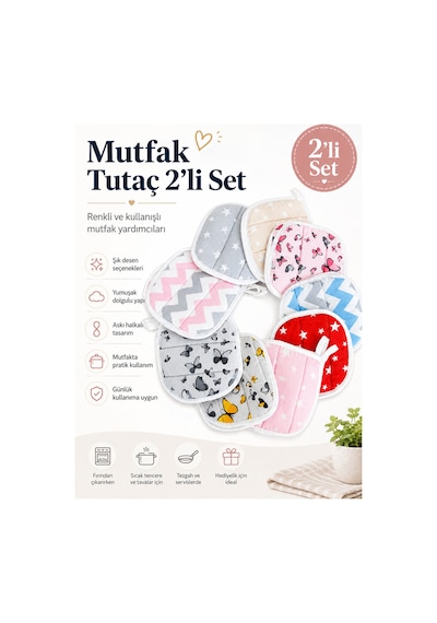 Mutfak Tutaç 2 Li Set Kapitone Desenli, Askı Halkalı Tencere Ve Tepsi Tutacağı Çok Renkli