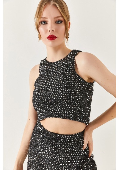 Armonika Kadın Halter Yaka Pul Payet Crop Bluz Siyah