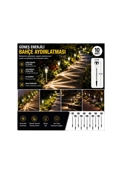 Güneş Enerjili Solar Lamba Bahçe Aydınlatması 10'lu Metal Yapı İle Kolay Kullanım