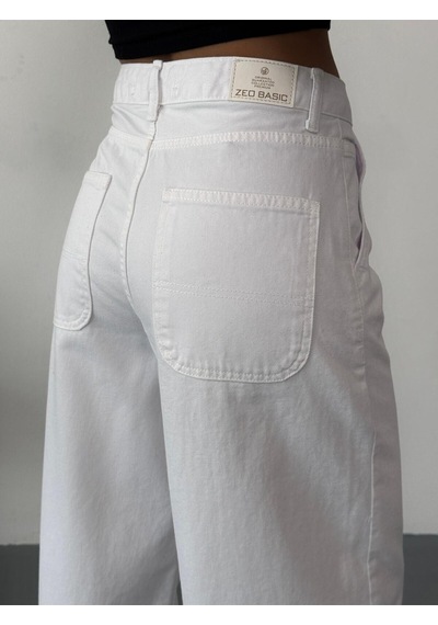 Kadın Beyaz Denim Kumaş Skater Fit Yüksek Bel Pantolon Beyaz