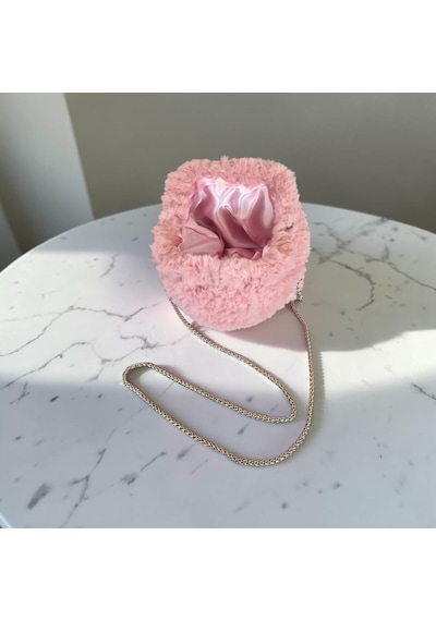 Nova Design Pembe Renkli Gümüş Zincirli Peluş Gizli Burslu Kadın Çantası