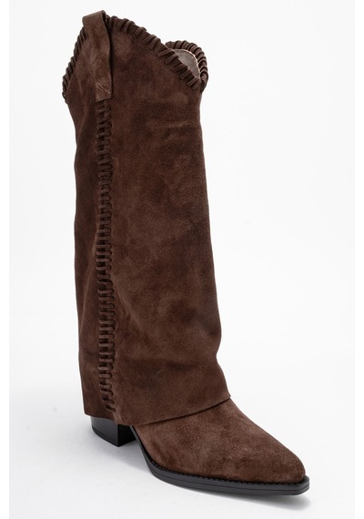 Luvishoes Velın Kahverengi Süet Hakiki Deri Dikişli Kadın Western Çizme Kahverengi