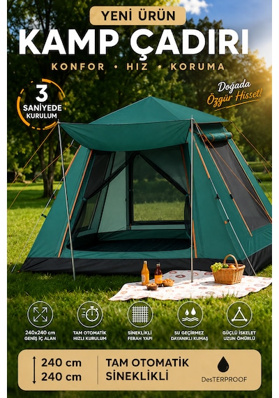6 Kişilik Otomatik Kurulumlu Kamp Çadırı Sineklikli & 1000 Mm Su Geçirmez Outdoor Çadır Bej Haki