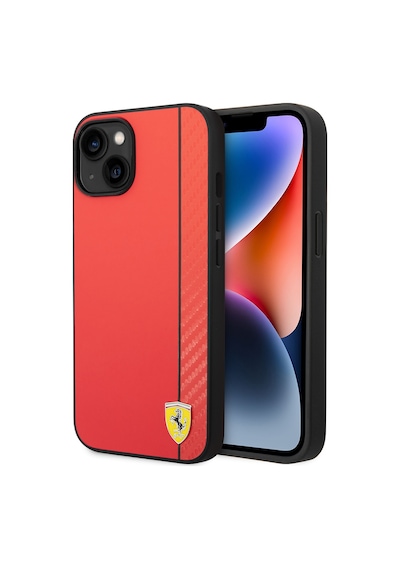 Apple Uyumlu iPhone 14 Kılıf Ferrari Lisanslı Magsafe Pu Deri Ve Karbon Şeritli Dizayn Kapak Kırmızı
