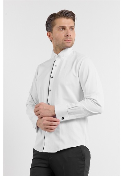 İmza Beyaz Uzun Kol Ata Yaka Düz Pamuklu Slim Fit Gömlek 1004260215