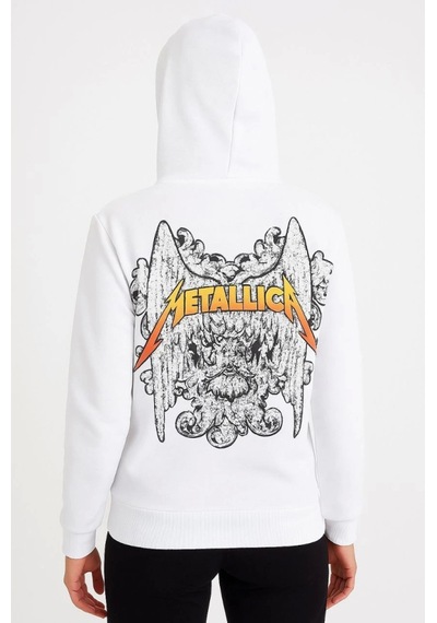 Suma Metallica İki İplik Kapüşonlu Ön Ve Arka Baskılı Beyaz Hoodie