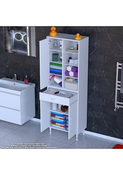 Modilayn Afra 60x173x32,5 Cm 1 Çekmece 3 Kapak 7 Raf 10 Bölme Çok Amaçlı Banyo & Mutfak Dolabı Beyaz