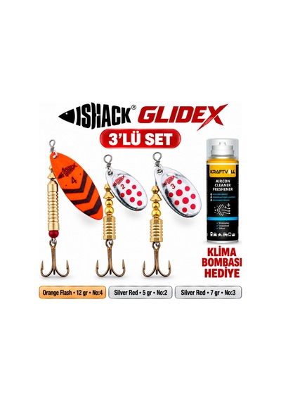 Fishack Glidex 3'lü Döner Kaşık Seti + Klima Bombası - Orange Flash 12 Gr No:4 + Silver Red 5 Gr No:2 + Silver Red 7 Gr No:3