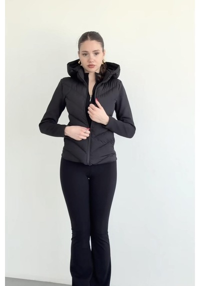 Prifaldi Siyah Kapüşonlu Softsell Kollu Şişme Mont Kışlık Slim Fit Rüzgar Geçirmez Fermuarlı Siyah