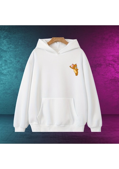 Jerry Baskılı Oversize Unisex Kapüşonlu Sweatshirt Beyaz