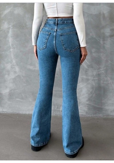 Herton Yüksek Bel İspanyol Paça Jean Pantolon - Eskitme Detaylı Full Pamuklu Flare Denim Koyu Mavi