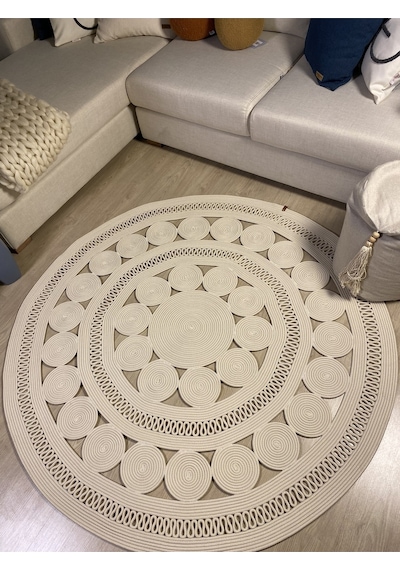 Mavaux Double Daisy Jüt Hasırlı Örgü Kilim Krem