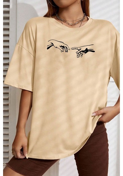 Unisex Michelangelo Baskılı T-shirt Bej