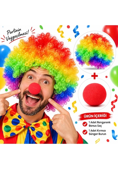 Rengarenk - 398 - Gökkuşağı Afro Bonus Peruk Ve Kırmızı Renk Sünger Burun - Glblseme - 120 Gr