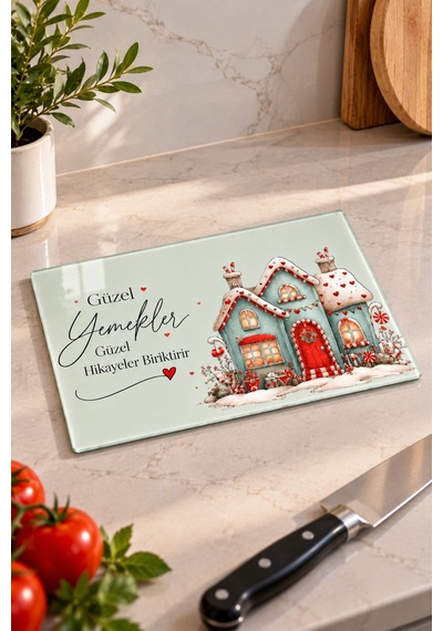 Gökçeoğlu Cam Kesme Tahtası Gingerbread Ev Yılbaşı Temalı - Cam Kesme Tablası 20cm X 30cm Çok Renkli