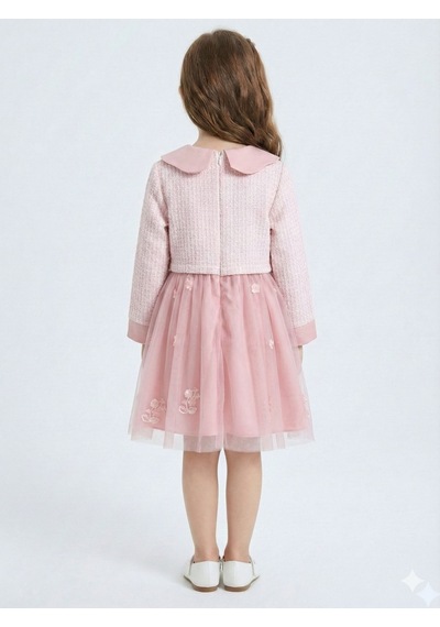 Xo Kids Bebe Yakalı Çiçek İşlemeli Tüllü Fiyonklu Kız Çocuk Elbise 3-8 Yaş 4423 Pembe