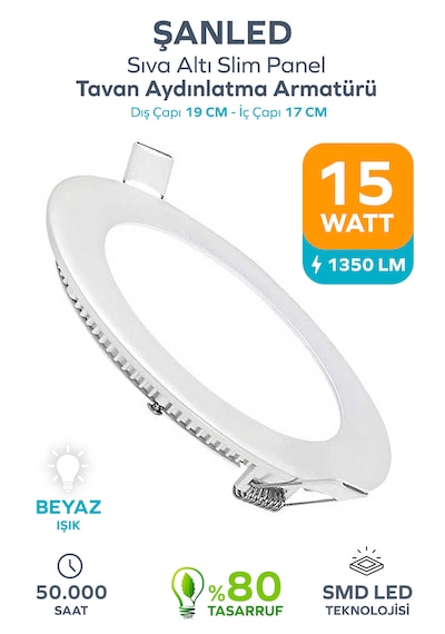 15w Tasarruflu Led Yuvarlak Beyaz Işık Sıva Altı Slim Panel Tavan Aydınlatma Armatürü-1 Adettir