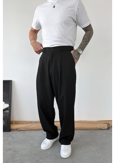 Siyah Pileli Baggy Kumaş Pantolon