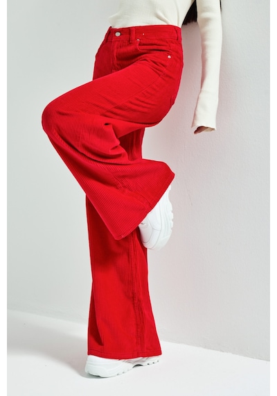 Itsbasic Kadın Kırmızı Renk Hera 26w5-19 Palazzo Fit Kalın Fitilli Velvet Kadife Kumaş Pantolon