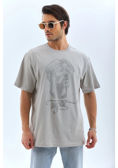 Erkek Tişört Taş Detaylı Bisiklet Yaka Kısa Kol T-shirt - Gri