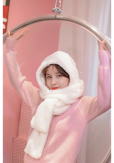 Bundera Scarf Kapşonlu Kadın Peluş Bere Atkı Kadın Welsoft Polar