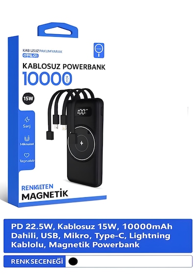 10000mah Pd 22.5w Kablosuz & Kablolu Powerbank Wireless 15w, Usb, Micro & Type-c, Apple Uyumlu iPhone  Siyah - Siyah