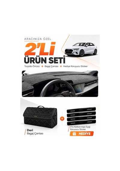 Audi A3 2020-2026 Uyumlu Torpido Örtüsü + Deri Bagaj Çantası + Sticker Seti - Siyah