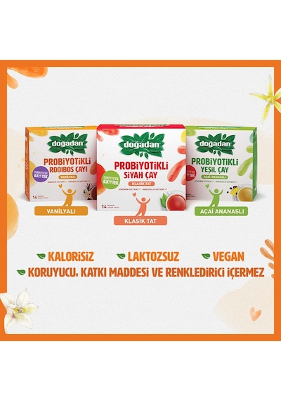 Doğadan Probiyotikli Vanilyalı Rooibos Çayı + Probiyotikli Açai Ananaslı Yeşil Çay Süzen Poşet 2 x 14'lü
