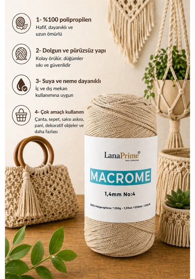 Lanaprime Makrome Örgü İpi 1,4mm 230mt Çanta İpi 200gr Polipropilen - Bej