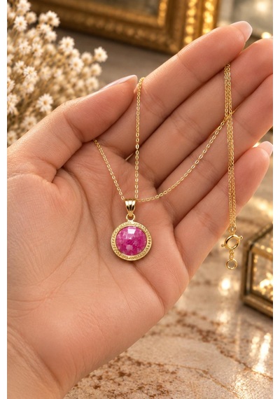 Pembe Taşlı Altın Kolye