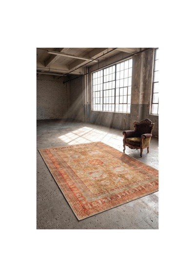 Artloop İstanbul Kiremit Sarı Etnik Vintage Desenli Dokuma Tabanlı Şönil Halı Al 641 Kiremit - Sarı