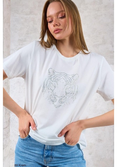 Kadın Krem Kaplan Baskılı %100 Pamuk T-Shirt
