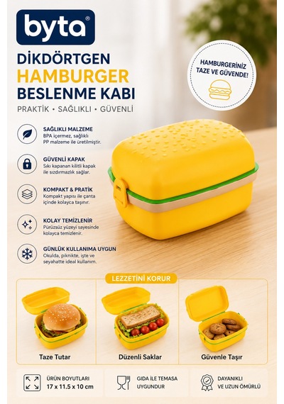 Hamburger Beslenme Kabı Dikdörtgen Lunch Box, Bpa İçermez, Sandviç Ve Hamburger Taşıma Kutusu Sarı