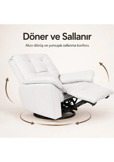 Smarto Relax Basel Elektrikli Masajlı Döner Sallanan Tv Koltuğu Kontrol Panelli Ergonomik Gerçek Deri Baba Koltuğu Beyaz