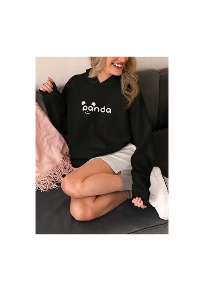 Stil X Sevimli Pandalar Baskılı Kadın Sweatshirt Siyah