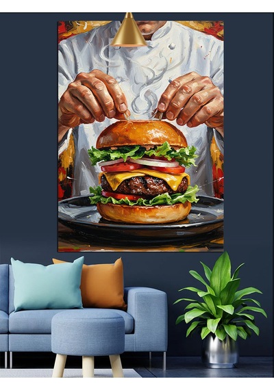 Burger Yapan Bir Adam Dekoratif Kanvas - Mdf Ahşap Tablo