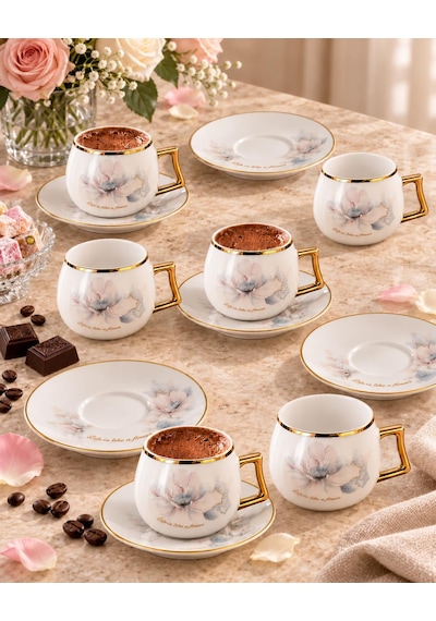 Valkyrie Magnolia Serisi 12 Parça 6 Kişilik 100 Ml Gold Çiçek Desenli Türk Kahvesi Fincan Takımı Beyaz Altın