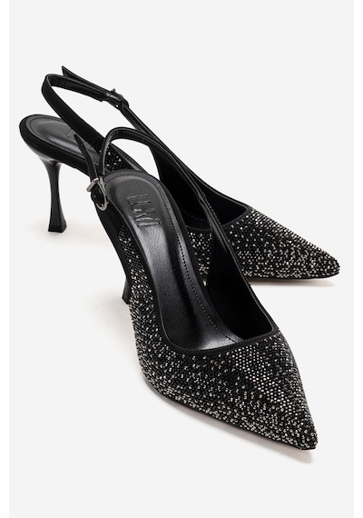 Luvishoes Johanna Siyah Platin Taşlı Kadın Topuklu Ayakkabı Siyah