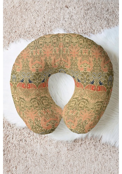 Vintage Kuş Motifli Ergonomik Boyun Yastığı - Doğal Desenli Zeytin Yeşili Turuncu Seyahat Yastığı Mat Taş Amber