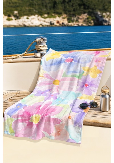 Çiçekli Pastel Renkli Mikrofiber Plaj Havlusu - Tropikal Sulu Boya Modern Hızlı Kuruyan Havlu Keten Defne