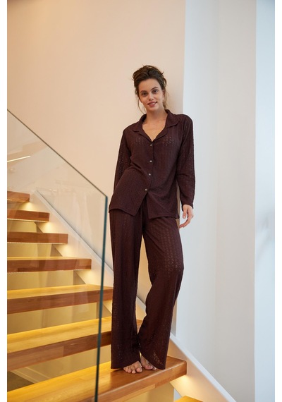 Akbeniz Kadın Mürdüm Önden Düğmeli Rahat Kesim Pijama Takımı MÜRDÜM