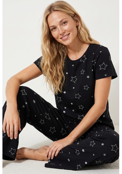 Siyah İnci Siyah Yıldız Desenli Kısa Kollu Pamuklu Pijama Takımı Siyah Yıldız Desen