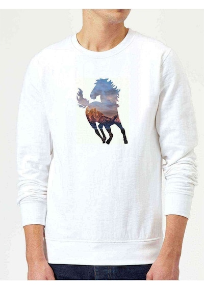 Silhouette Wild Mustang Horse Baskılı Beyaz Erkek Örme Sweatshirt